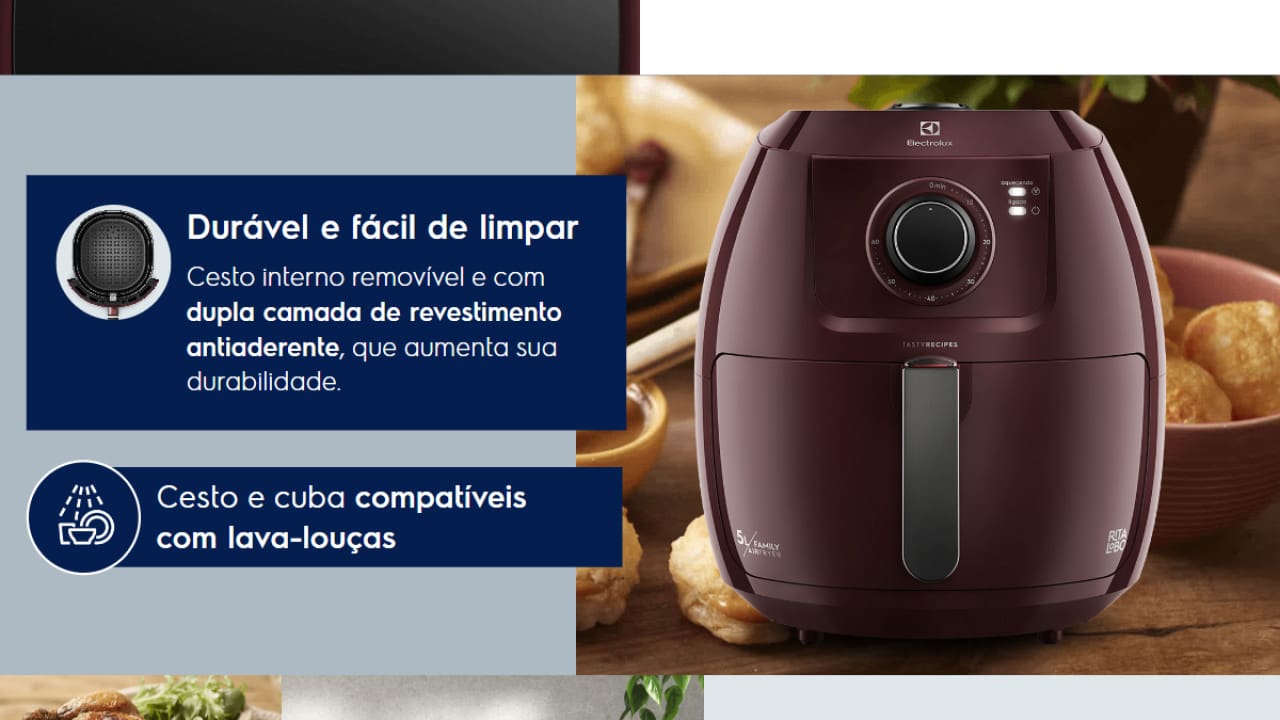 Fritaderia Elétrica Air Fryer Electrolux Family Efficient EAF51 Rita Lobo 5L Vinho