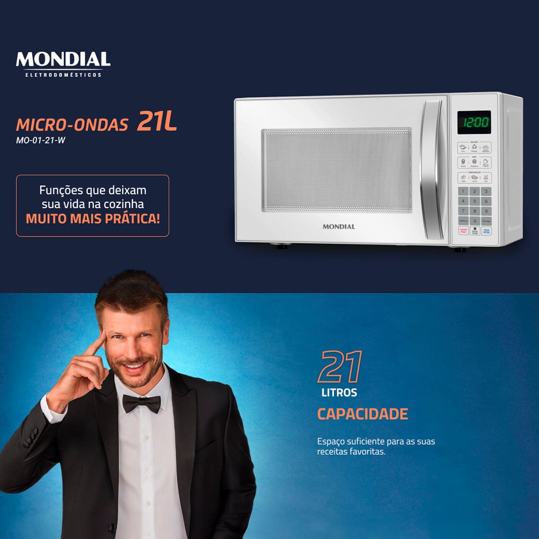 Praticidade e elegância na sua cozinha Perfeito para espaços compactos, o Micro-ondas MO-01-21-W Mondial traz inovação e praticidade para a sua rotina. Com display digital e 10 ajustes de potência, facilita no preparo de diversas receitas, além do Menu Kids. Capacidade de 21 Litros Com design compacto, esse modelo ocupa o menor espaço em balcões e armários, deixando a sua cozinha mais prática e elegante. Potência de 1.200W com 10 ajustes A alta potência do micro-ondas permite que os alimentos sejam preparados e descongelados com mais rapidez. Com um sistema de potência que varia de 1 a 10, é possível ajustar a função para cada receita e manter as refeições aquecidas.