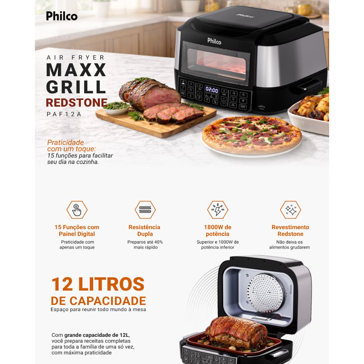 Fritadeira Elétrica Air Fryer Philco PAF12A Barbecue Digital 12L Preta