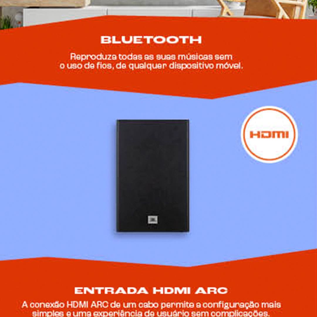 Soundbar JBL Cinema SB180 com 2.1 Canais, Bluetooth, ARC HDMI e Subwoofer Sem Fio - 110W