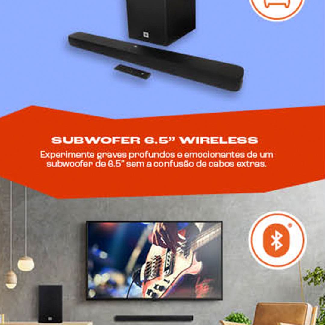Soundbar JBL Cinema SB180 com 2.1 Canais, Bluetooth, ARC HDMI e Subwoofer Sem Fio - 110W