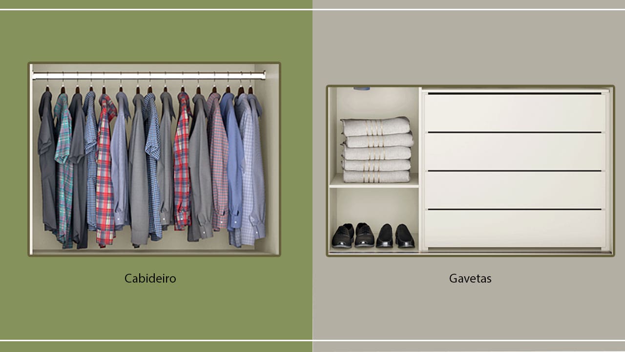 gavetas cabideiros cabides roupas penduradas camisas lisas listradas sapatos toalhas dobradas