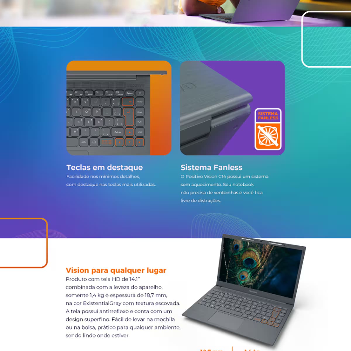 Notebook Positivo Intel Celeron Dual Core 4GB RAM 128GB eMMC Tela 14" HD Windows 11 - Vision C14