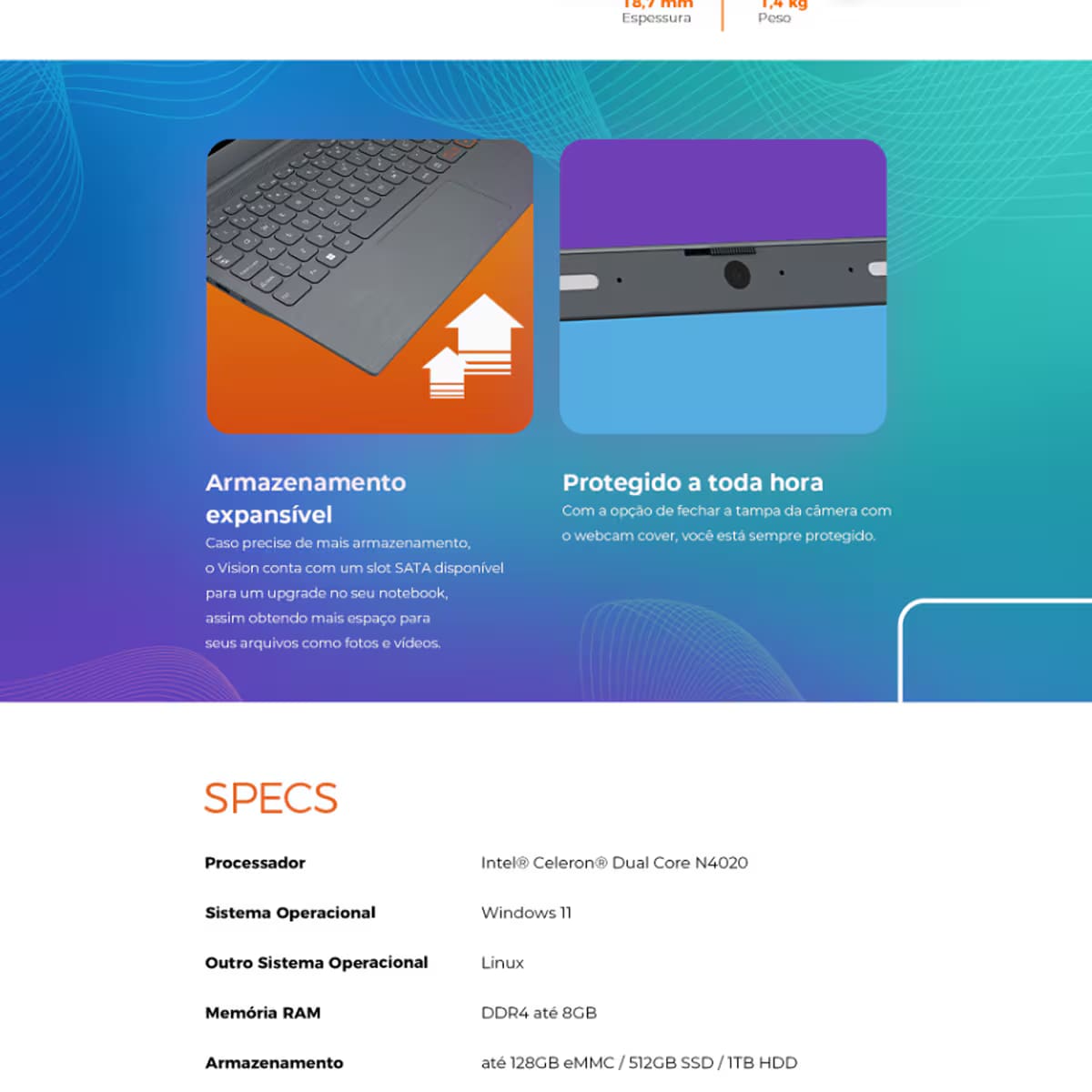 Notebook Positivo Intel Celeron Dual Core 4GB RAM 128GB eMMC Tela 14" HD Windows 11 - Vision C14