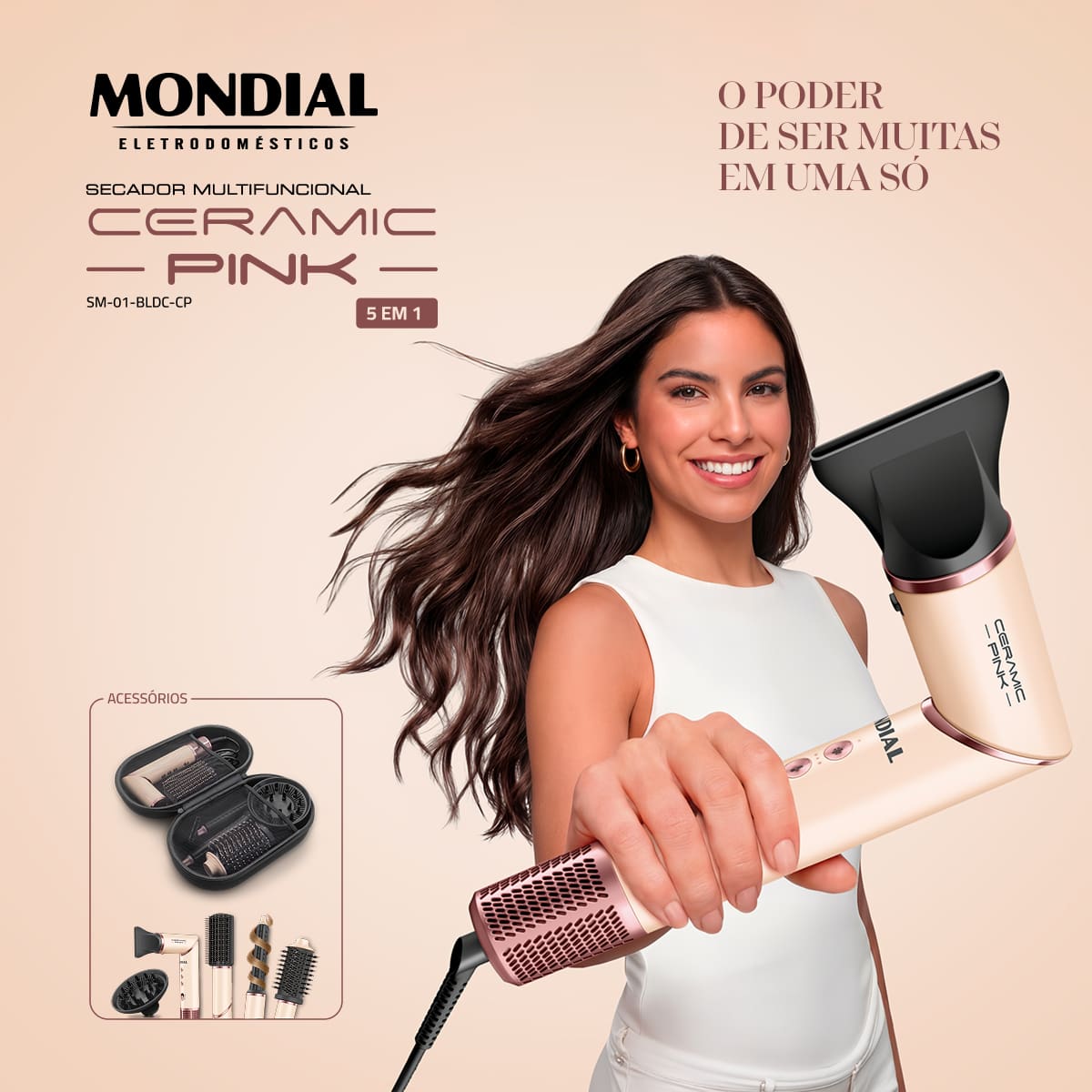 Secador 5 em 1 Mondial SM-01-BLDC-CP 1500W Tecnologia Cerâmica Rosa