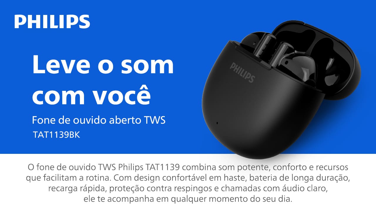 Fone de Ouvido Philips TAT1139BK/00 Bluetooth TWS IPX4 26h de Bateria Preto