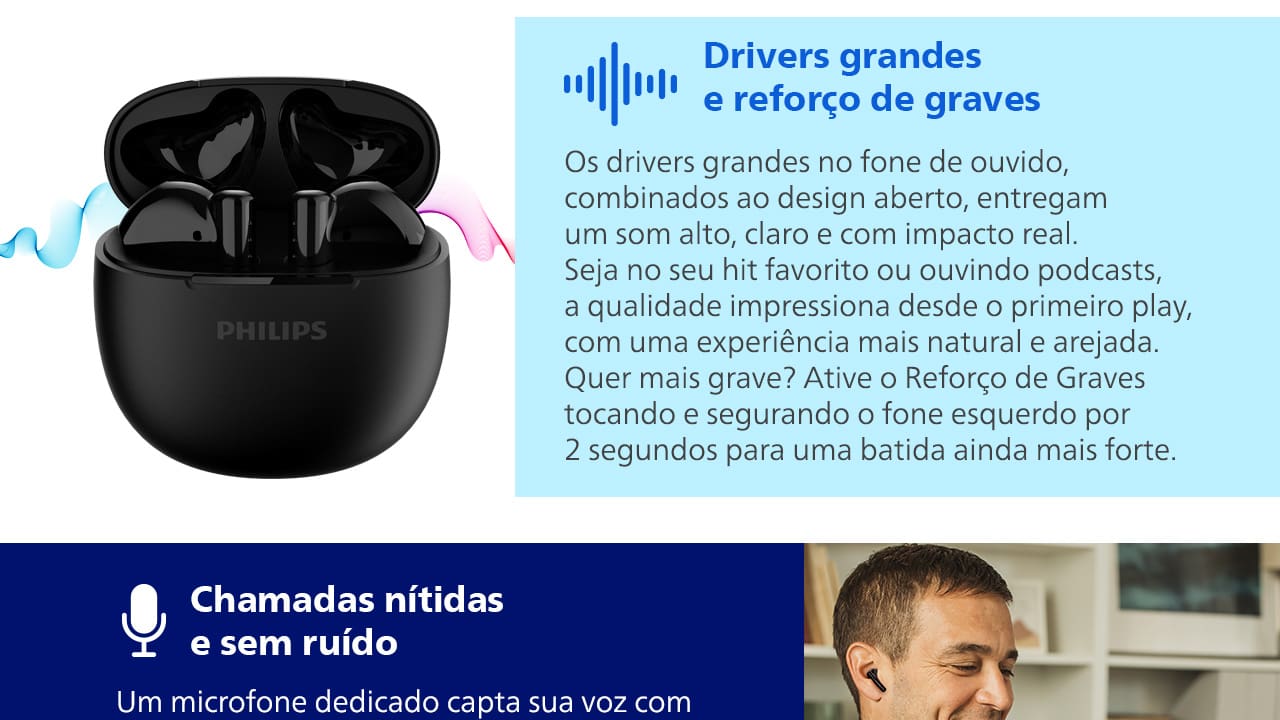 Fone de Ouvido Philips TAT1139BK/00 Bluetooth TWS IPX4 26h de Bateria Preto