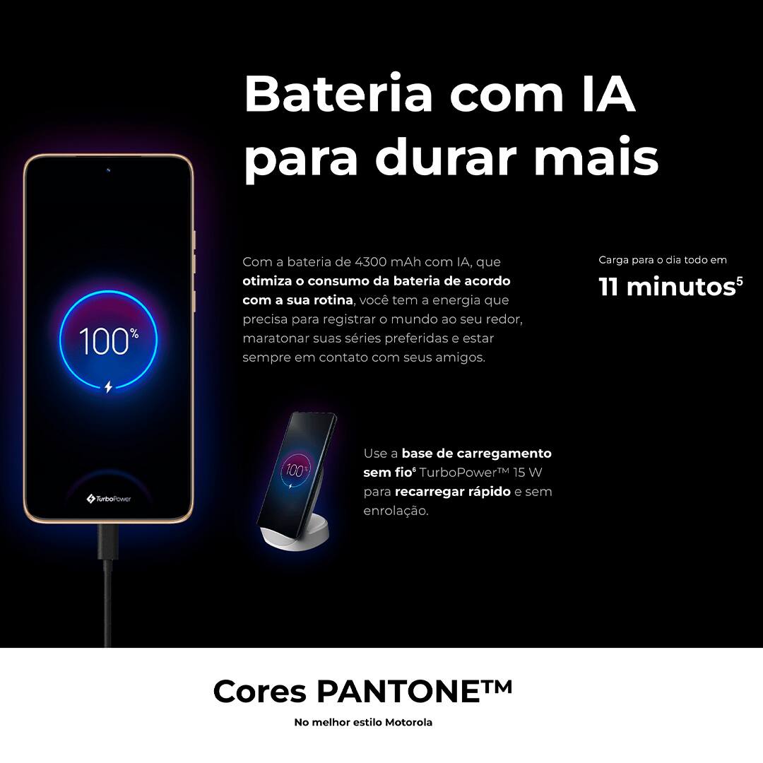 O Smartphone Motorola Edge 50 Neo oferece um desempenho notável com o avançado MediaTek Dimensity 7300 e 16GB de RAM, garantindo fluidez e eficiência em multitarefas. A tecnologia RAM Boost, que transforma parte do armazenamento interno em RAM virtual, e a ampla capacidade de até 256GB de armazenamento interno asseguram espaço de sobra para todos os seus dados. O Edge 50 Neo é equipado com uma câmera principal de 50MP, com tecnologia Ultra Pixel e o sensor Sony LYTIA™ 700C, proporcionando fotos nítidas e vibrantes. A câmera ultra-angular de 13MP e a teleobjetiva capturam cenários e detalhes com precisão, enquanto a câmera macro e a de selfie de 32MP oferecem imagens de alta resolução.