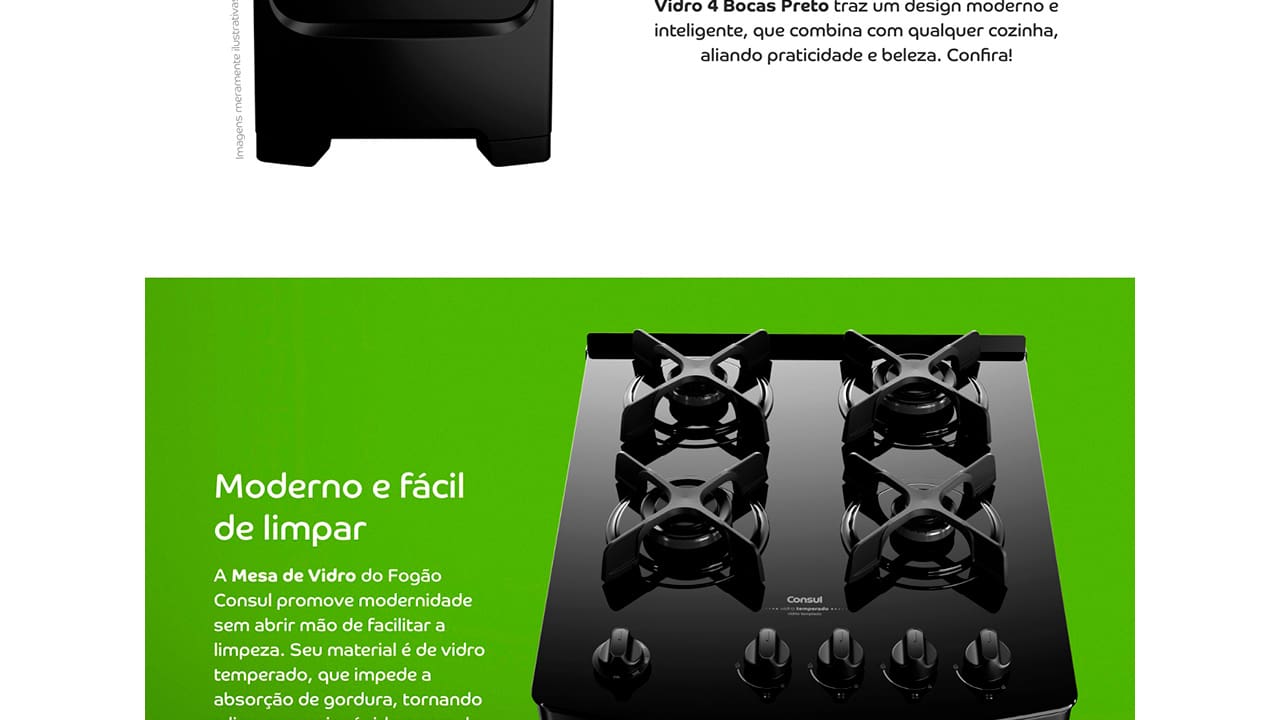 Fogão Consul 4 Bocas CFO4VAE Preto com Mesa de Vidro