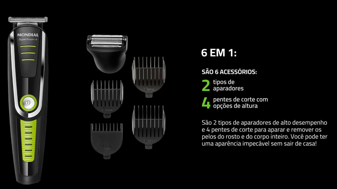 Cuidar do visual, criar novos estilos e manter os pelos aparados com eficiência e rapidez fica muito mais fácil com produtos de qualidade como o Aparador de Pelos Mondial Super Groom 6. Garantia de alto desempenho e em um produto 6 em 1, com 6 acessórios, o Super Groom 6 vem com o Aparador Maxi, 4 pentes de corte e um micro barbeador. As lâminas em aço inox produzem um barbear perfeito, com corte rente, preciso e suave. O Super Groom-6 possui 2 aparadores e seus 4 pentes guia possuem as seguintes medidas: 3, 6, 9 e 12 mm para aparar o cabelo e pelos do jeito que você preferir e criar o seu próprio estilo.