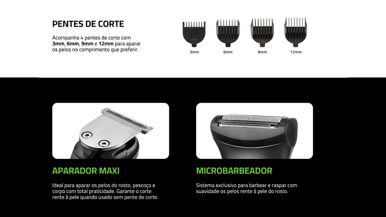 Cuidar do visual, criar novos estilos e manter os pelos aparados com eficiência e rapidez fica muito mais fácil com produtos de qualidade como o Aparador de Pelos Mondial Super Groom 6. Garantia de alto desempenho e em um produto 6 em 1, com 6 acessórios, o Super Groom 6 vem com o Aparador Maxi, 4 pentes de corte e um micro barbeador. As lâminas em aço inox produzem um barbear perfeito, com corte rente, preciso e suave. O Super Groom-6 possui 2 aparadores e seus 4 pentes guia possuem as seguintes medidas: 3, 6, 9 e 12 mm para aparar o cabelo e pelos do jeito que você preferir e criar o seu próprio estilo.