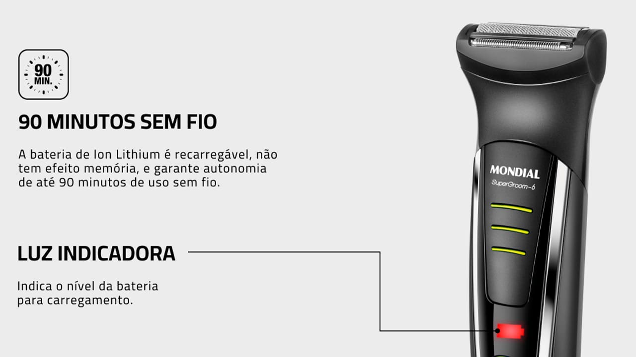 Cuidar do visual, criar novos estilos e manter os pelos aparados com eficiência e rapidez fica muito mais fácil com produtos de qualidade como o Aparador de Pelos Mondial Super Groom 6. Garantia de alto desempenho e em um produto 6 em 1, com 6 acessórios, o Super Groom 6 vem com o Aparador Maxi, 4 pentes de corte e um micro barbeador. As lâminas em aço inox produzem um barbear perfeito, com corte rente, preciso e suave. O Super Groom-6 possui 2 aparadores e seus 4 pentes guia possuem as seguintes medidas: 3, 6, 9 e 12 mm para aparar o cabelo e pelos do jeito que você preferir e criar o seu próprio estilo.