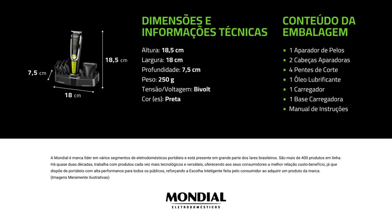 Cuidar do visual, criar novos estilos e manter os pelos aparados com eficiência e rapidez fica muito mais fácil com produtos de qualidade como o Aparador de Pelos Mondial Super Groom 6. Garantia de alto desempenho e em um produto 6 em 1, com 6 acessórios, o Super Groom 6 vem com o Aparador Maxi, 4 pentes de corte e um micro barbeador. As lâminas em aço inox produzem um barbear perfeito, com corte rente, preciso e suave. O Super Groom-6 possui 2 aparadores e seus 4 pentes guia possuem as seguintes medidas: 3, 6, 9 e 12 mm para aparar o cabelo e pelos do jeito que você preferir e criar o seu próprio estilo.