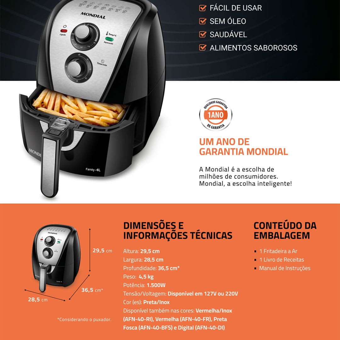 Fritadeira Elétrica Sem Óleo Air Fryer Mondial AFN40BI Family Inox 4L - Preta/Inox - 110V