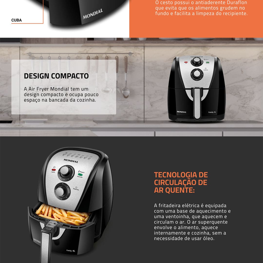 Fritadeira Elétrica Sem Óleo Air Fryer Mondial AFN40BI Family Inox 4L - Preta/Inox - 110V