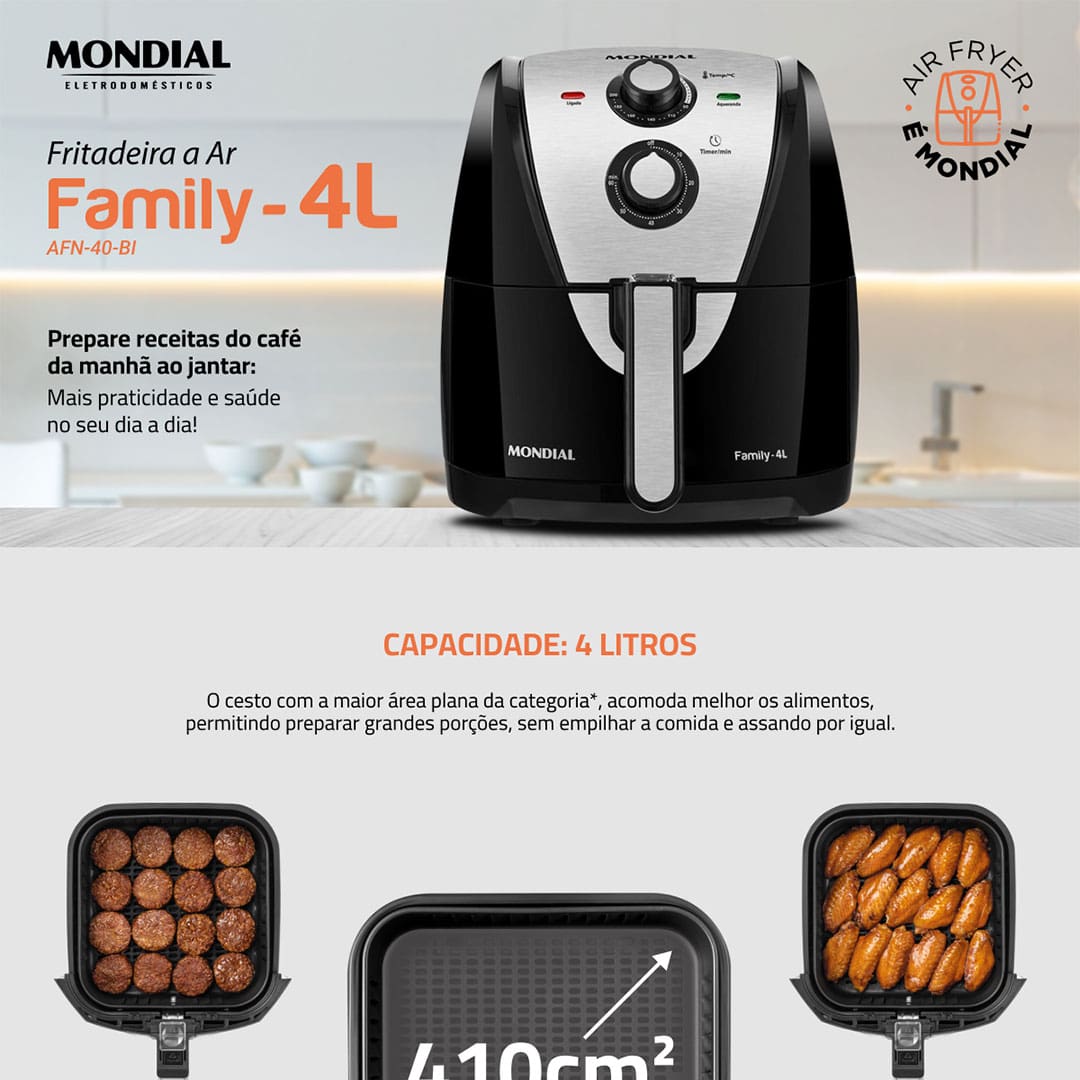 Se você está em busca de uma fritadeira sem óleo para preparar alimentos de uma maneira prática e saudável, a Air Fryer Mondial AFN40BI Family Inox é uma ótima opção. Com 1500W de potência e 4 litros de capacidade, ela vai garantir a refeição de toda a família!