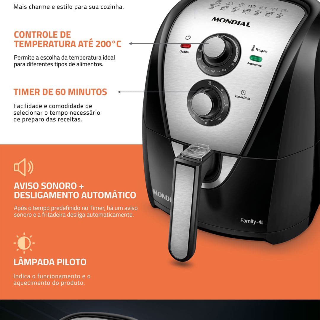 Fritadeira Elétrica Sem Óleo Air Fryer Mondial AFN40BI Family Inox 4L - Preta/Inox - 110V