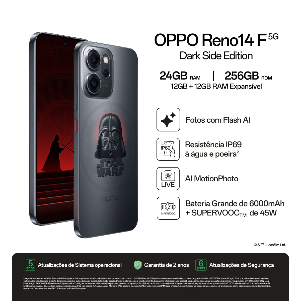 Smartphone OPPO Reno 14F Dark Side Edition 5G Tela 6,57" 256GB Câmera 50MP Preto