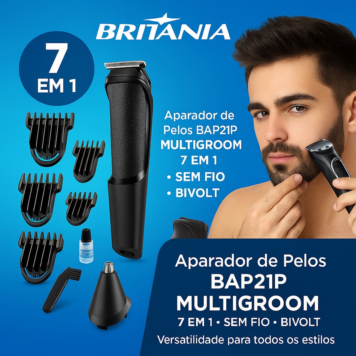 Aparador de Pelos Britânia BAP21P Multigroom 7 em 1 Sem Fio Preto - Bivolt	