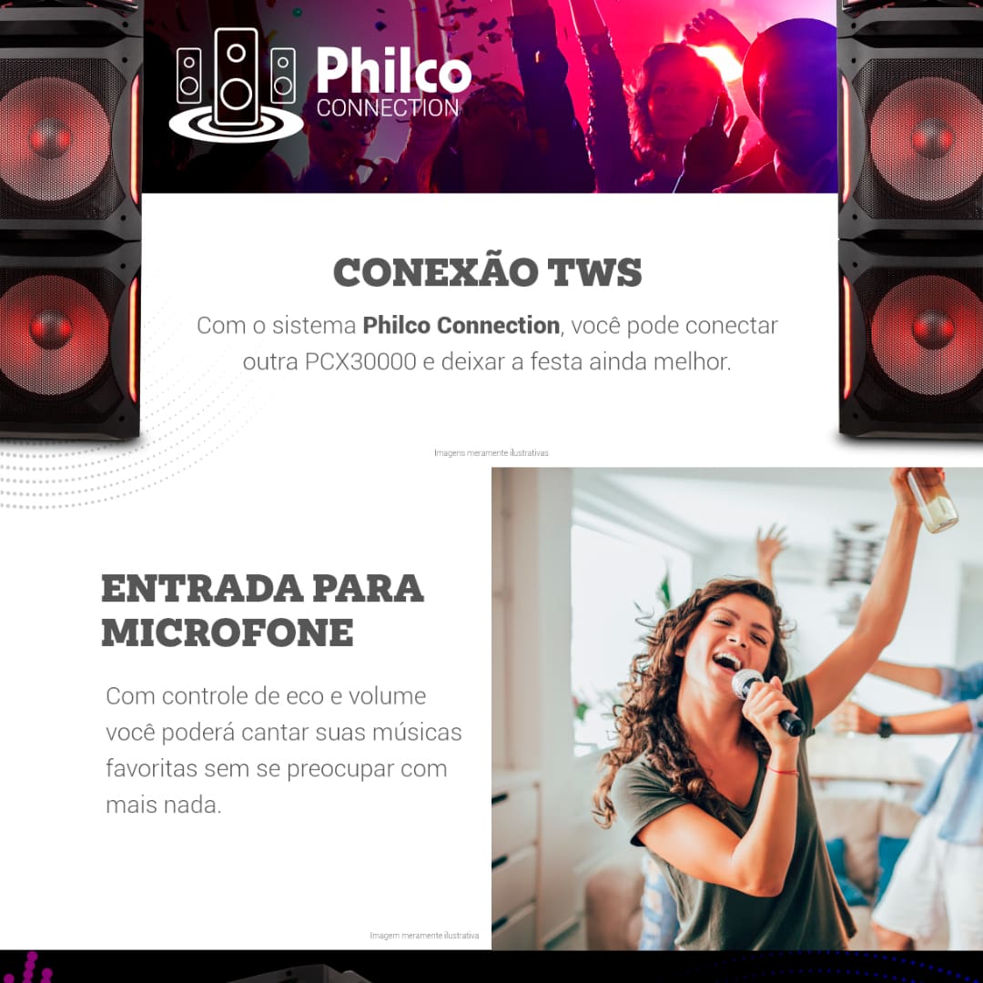 Crie momentos especiais na companhia de seus amigos e familiares, com suas músicas favoritas! A Caixa Acústica Philco PCX30000 Ex Bass Flash lights 2500W conta com 2 Woofers 15" e 1 Tweeter, garantindo uma grande qualidade sonora e graves impactantes. Se preferir por mais intensidade, a função Ex Bass reforça a potência das suas músicas, aumentando o poder dos graves. Ouça a partir de seu smartphone ou outro dispositivo móvel, utilizando a entrada USB ou conexão Bluetooth 5.0.