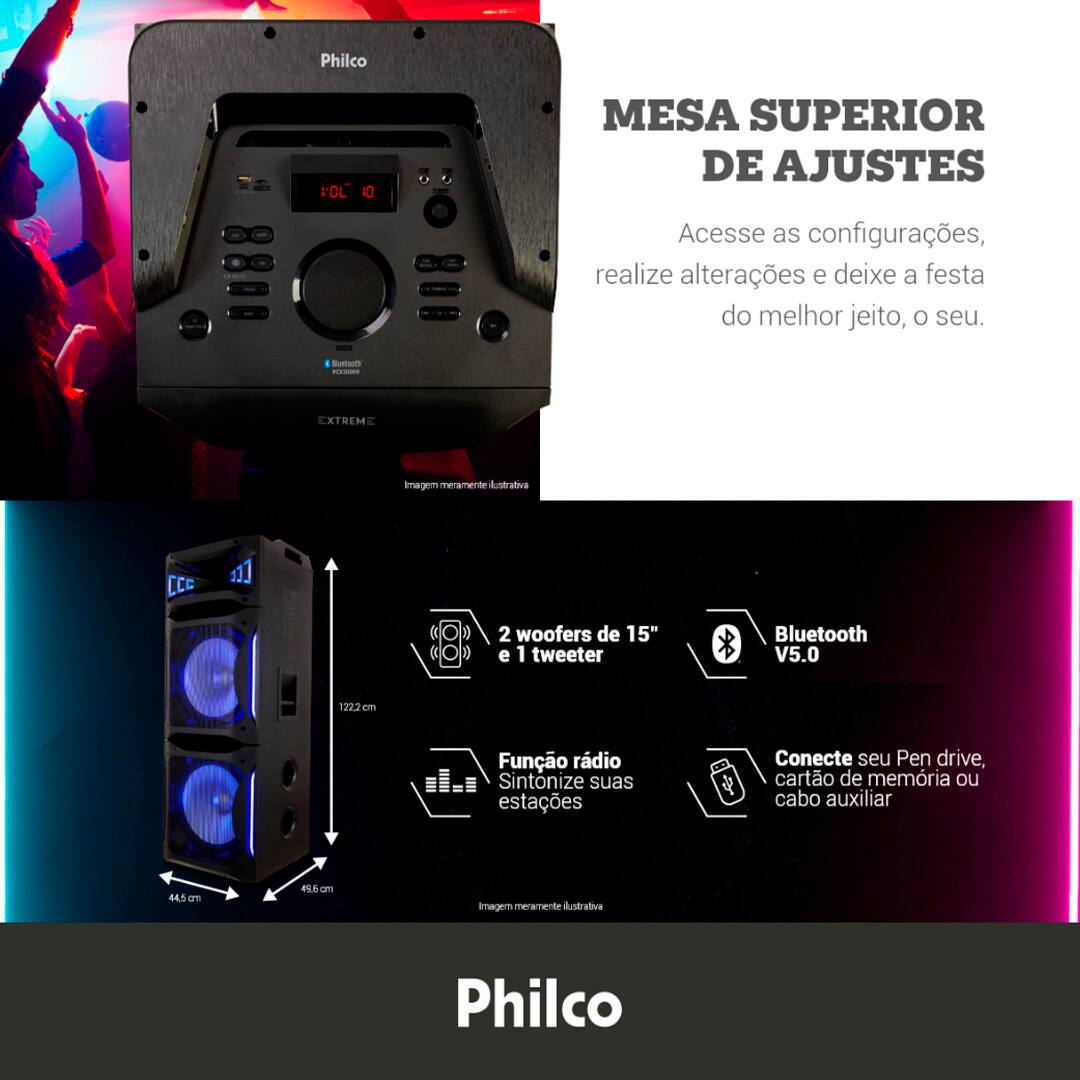 Crie momentos especiais na companhia de seus amigos e familiares, com suas músicas favoritas! A Caixa Acústica Philco PCX30000 Ex Bass Flash lights 2500W conta com 2 Woofers 15" e 1 Tweeter, garantindo uma grande qualidade sonora e graves impactantes. Se preferir por mais intensidade, a função Ex Bass reforça a potência das suas músicas, aumentando o poder dos graves. Ouça a partir de seu smartphone ou outro dispositivo móvel, utilizando a entrada USB ou conexão Bluetooth 5.0.