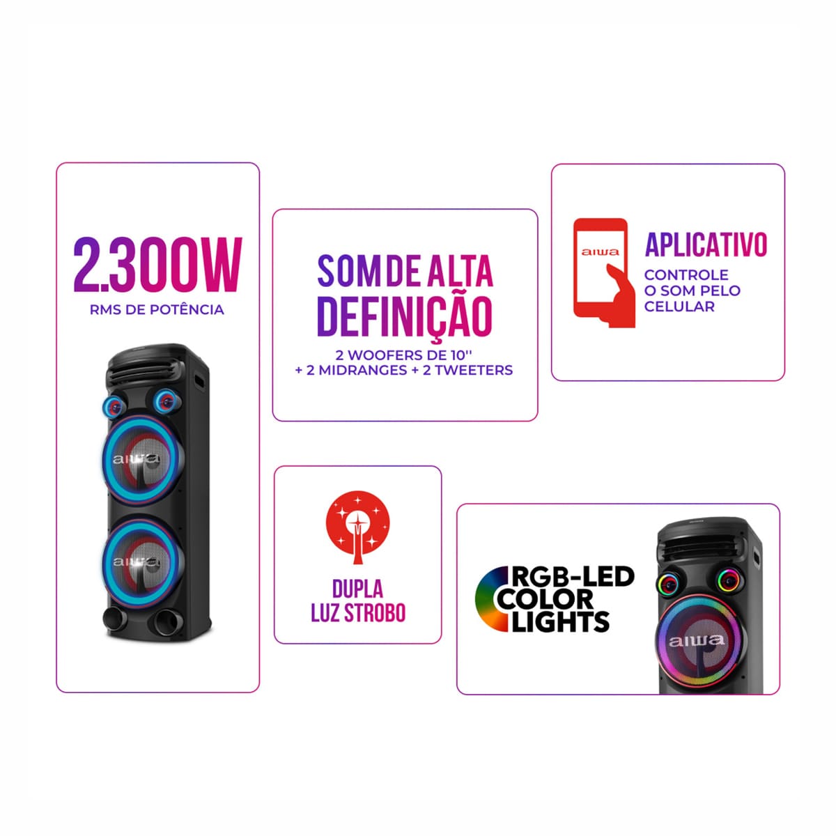 Torre de Som AIWA T2W-02 2300W Woofers 10" Bluetoo...
