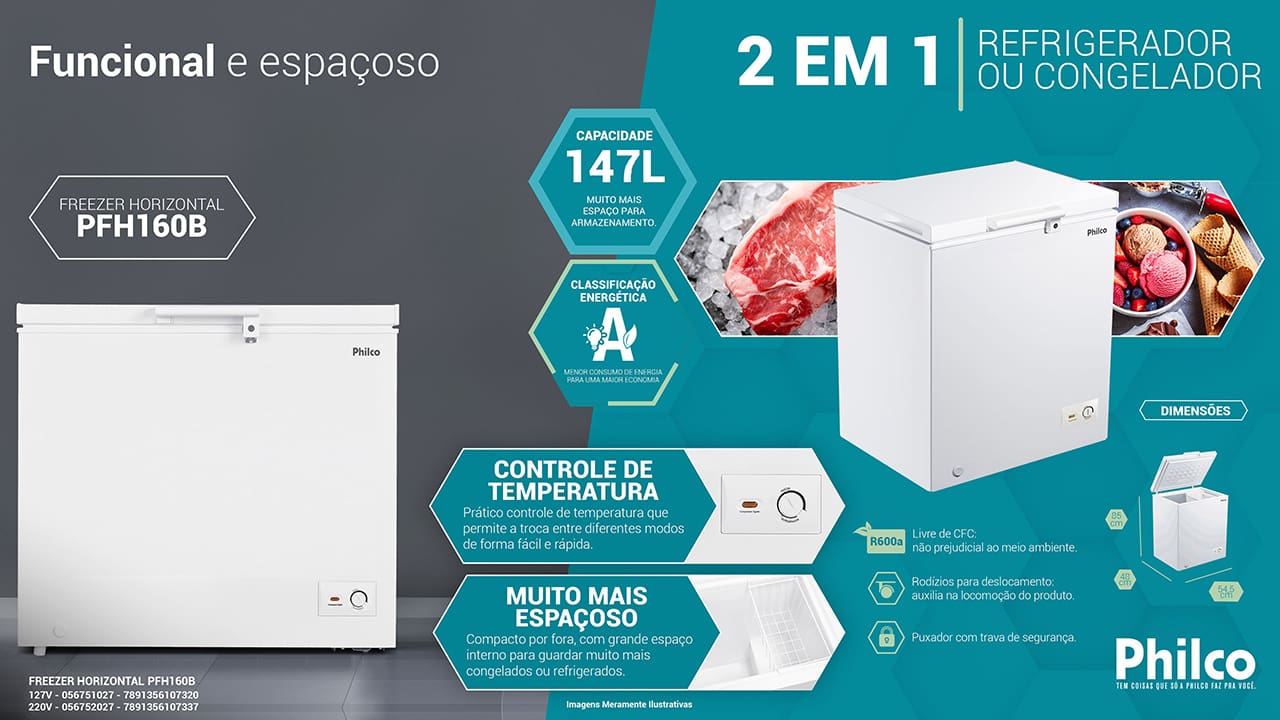 Armazenamento versátil e eficiente O Freezer Horizontal Philco 147L PFH160B é a escolha ideal para quem precisa de espaço extra para armazenar congelados de maneira prática e organizada. Compacto e com capacidade de 147 litros, é perfeito para pequenos ambientes, oferecendo uma solução 2 em 1 que pode funcionar tanto como congelador quanto como refrigerador, adaptando-se às suas necessidades.