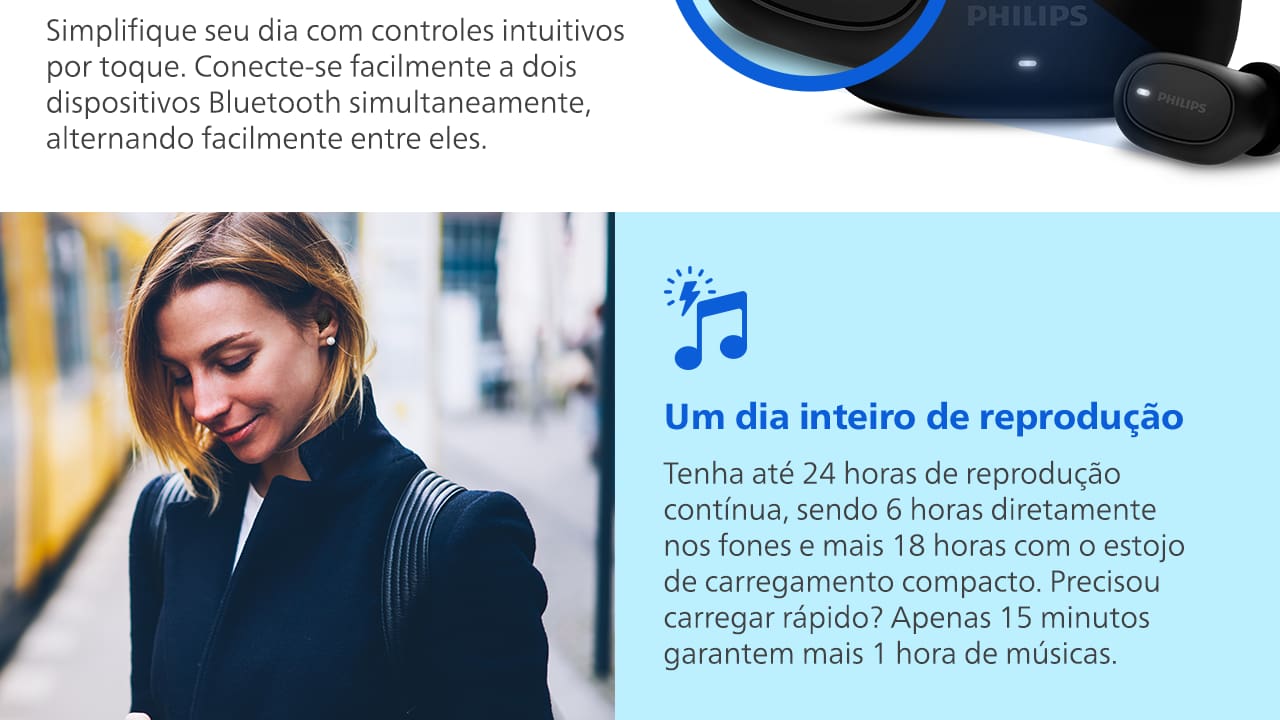 Fones de Ouvido True Wireless Philips TAT2500BK/00