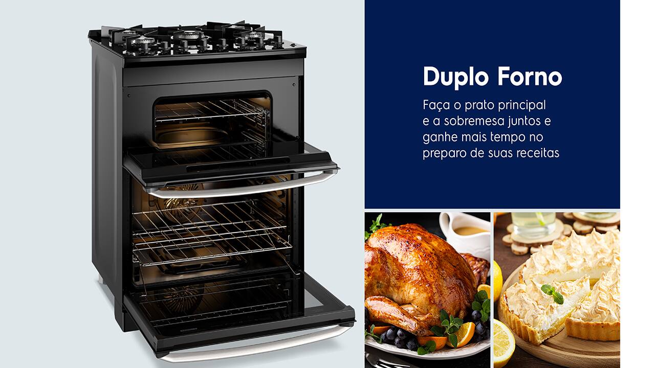 Eleve sua cozinha com o Fogão Electrolux 5 Bocas FE5DP! O novo Fogão Electrolux 5 Bocas Preto (FE5DP) revoluciona sua cozinha! Com o Duplo Forno, você prepara dois pratos simultaneamente, economizando tempo e energia. Imagine assar um peru no forno inferior e gratinar um acompanhamento no superior.