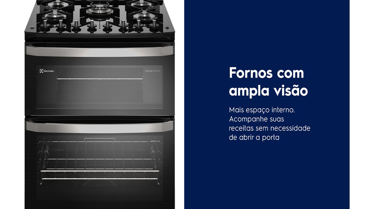 Eleve sua cozinha com o Fogão Electrolux 5 Bocas FE5DP! O novo Fogão Electrolux 5 Bocas Preto (FE5DP) revoluciona sua cozinha! Com o Duplo Forno, você prepara dois pratos simultaneamente, economizando tempo e energia. Imagine assar um peru no forno inferior e gratinar um acompanhamento no superior.