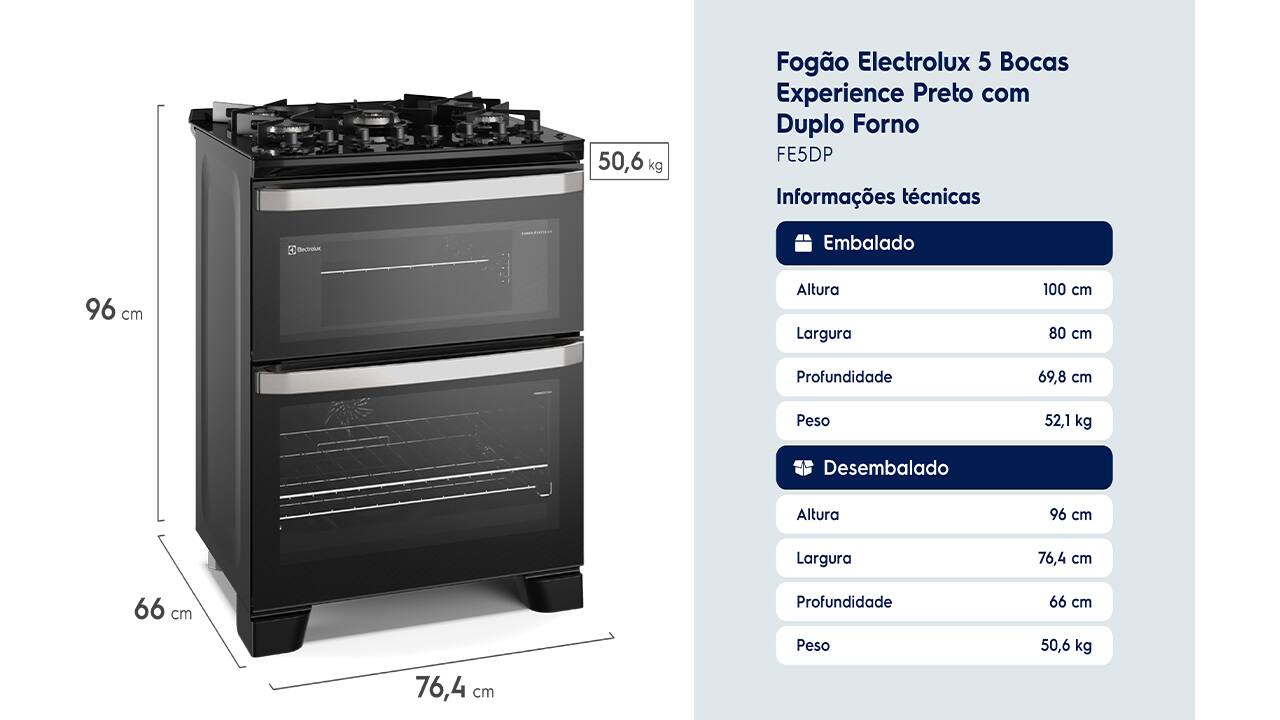 Eleve sua cozinha com o Fogão Electrolux 5 Bocas FE5DP! O novo Fogão Electrolux 5 Bocas Preto (FE5DP) revoluciona sua cozinha! Com o Duplo Forno, você prepara dois pratos simultaneamente, economizando tempo e energia. Imagine assar um peru no forno inferior e gratinar um acompanhamento no superior.