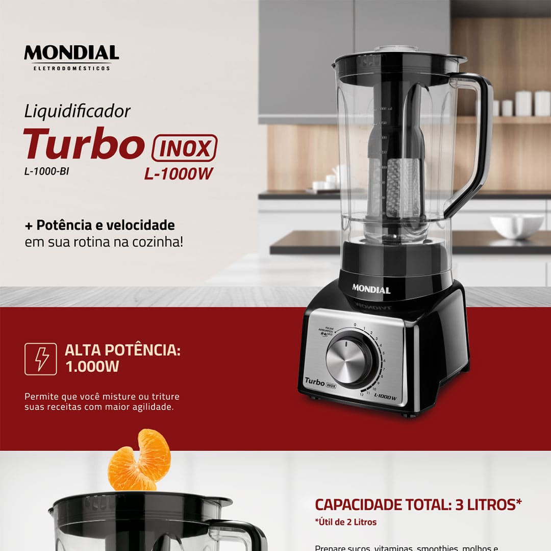 O Liquidificador Turbo L-1000 BI da Mondial reúne design moderno, qualidade e eficiência em um só produto, além disso ele conta com muita potência para você poder preparar suas receitas com mais praticidade e sem esforço, mesmo os alimentos mais duros. Com ele é possível também triturar gelo.