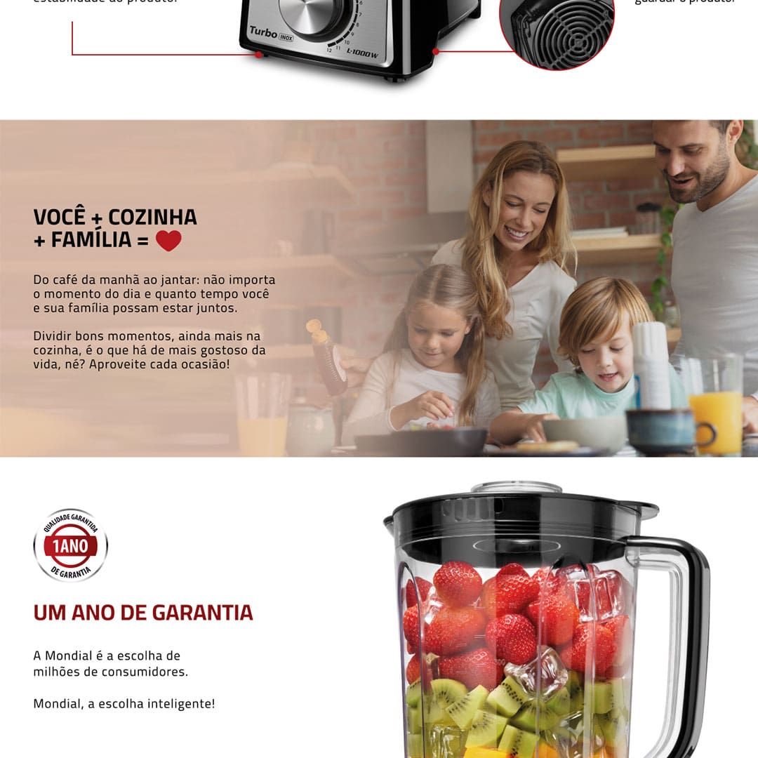 O Liquidificador Turbo L-1000 BI da Mondial reúne design moderno, qualidade e eficiência em um só produto, além disso ele conta com muita potência para você poder preparar suas receitas com mais praticidade e sem esforço, mesmo os alimentos mais duros. Com ele é possível também triturar gelo.