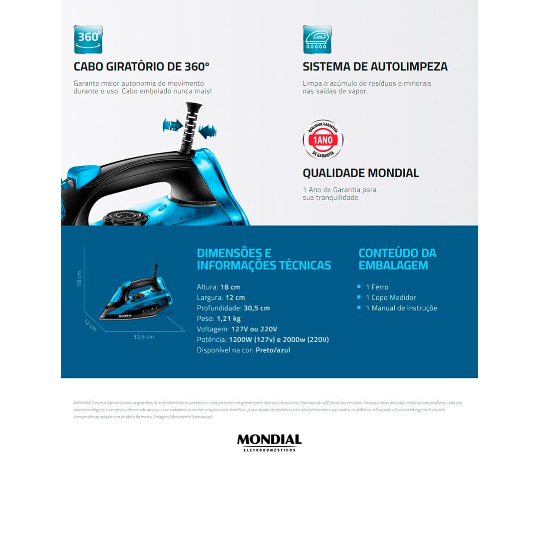 Ferro a Vapor Mondial F-53 Preto Azul