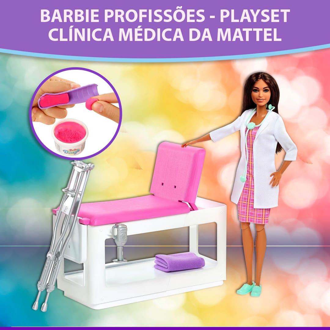 Barbie Profissões Playset Clínica Médica boneca jaleco enfermeira estetoscópio vestido rosa sapato azul verde cama hospitalar muleta toalha roxa destaque massinha potinho acessório roxo