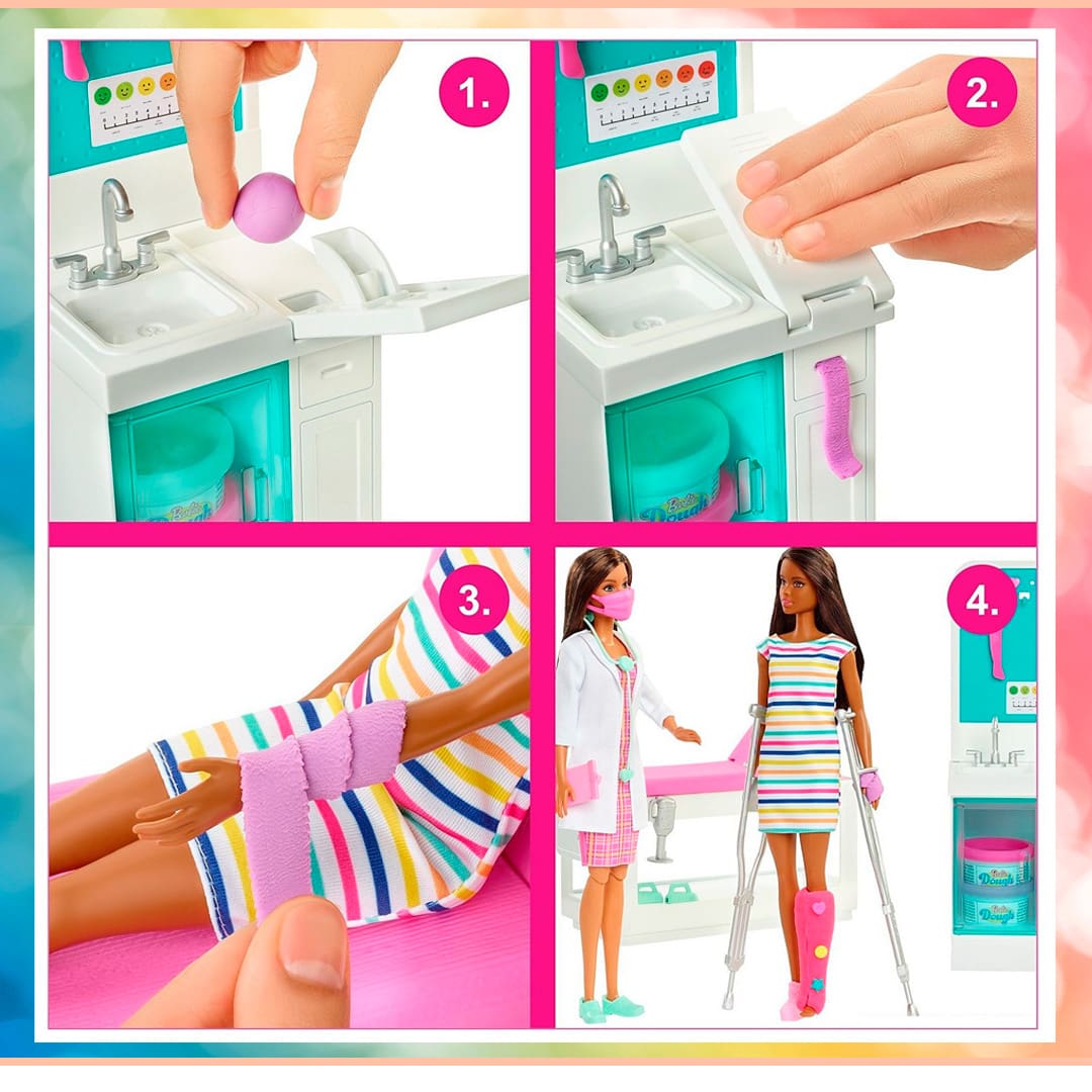 imagens quadros quadrinhos bonecas barbie médica jaleco branco máscara paciente roupa colorida muleta botinha pé massinha massa rosa braço boneca atadura torneira mão demonstrativa demonstrativo demonstração