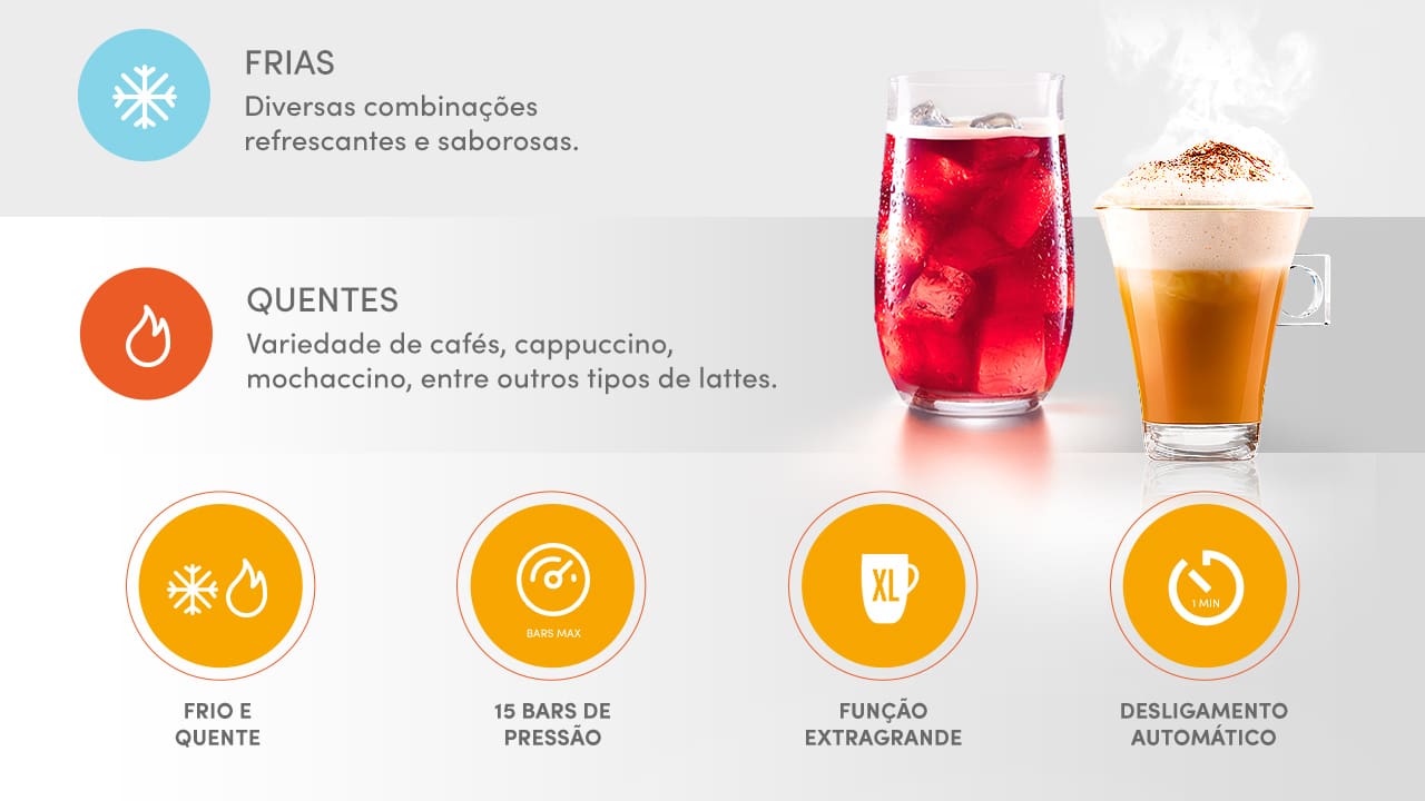 Versatilidade e praticidade na sua cozinha A Máquina de Café Arno Dolce Gusto é uma máquina multi bebidas que transforma sua rotina, permitindo a preparação de mais de 45 tipos de bebidas quentes e frias. Com um design compacto e moderno, ela se adapta a qualquer ambiente, oferecendo uma experiência de café de qualidade profissional. Seu sistema de 15 Bars de pressão garante uma extração perfeita, resultando em sabores intensos, aromas envolventes e uma cremosidade que rivaliza com a dos melhores baristas.