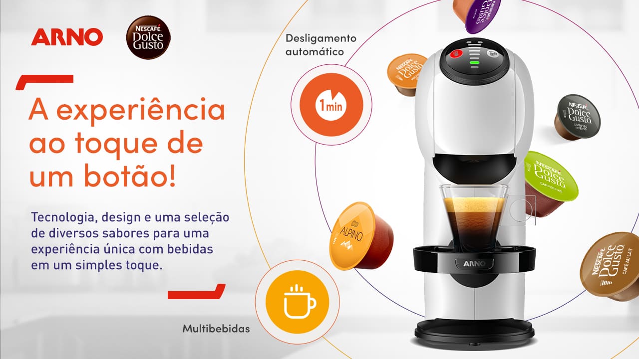 Versatilidade e praticidade na sua cozinha A Máquina de Café Arno Dolce Gusto é uma máquina multi bebidas que transforma sua rotina, permitindo a preparação de mais de 45 tipos de bebidas quentes e frias. Com um design compacto e moderno, ela se adapta a qualquer ambiente, oferecendo uma experiência de café de qualidade profissional. Seu sistema de 15 Bars de pressão garante uma extração perfeita, resultando em sabores intensos, aromas envolventes e uma cremosidade que rivaliza com a dos melhores baristas.