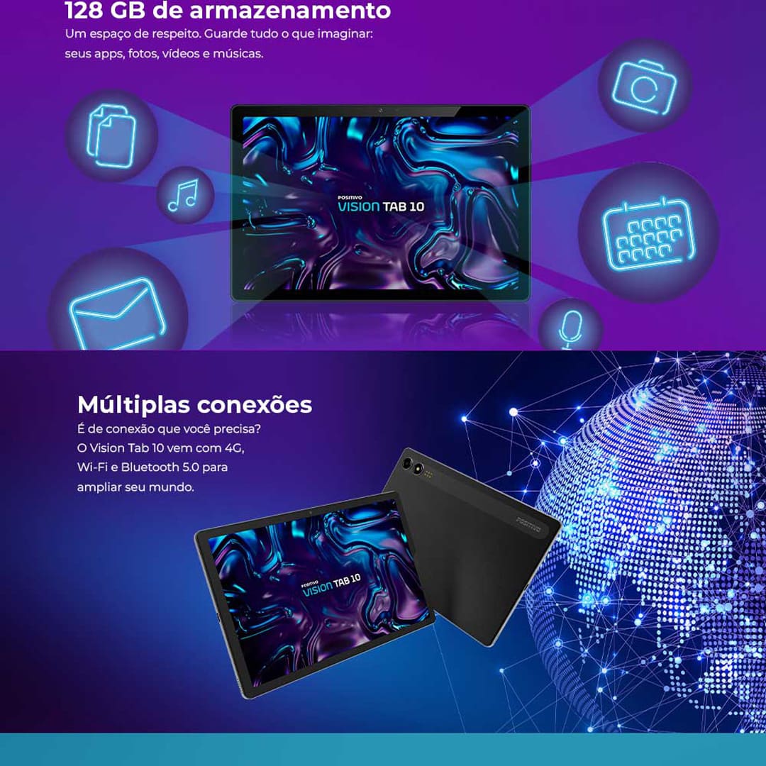 Tablet Positivo Vision10 com Tela 10.1" 128GB, WiFi e 4GB RAM, Câmera Frontal 5MP, Câmera Traseira 8MP, Android 13 e Processador Octa-Core - Preto