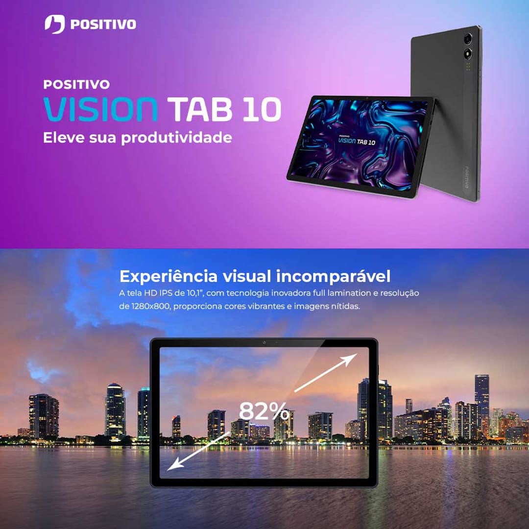 Tablet Positivo Vision10 com Tela 10.1" 128GB, WiFi e 4GB RAM, Câmera Frontal 5MP, Câmera Traseira 8MP, Android 13 e Processador Octa-Core - Preto