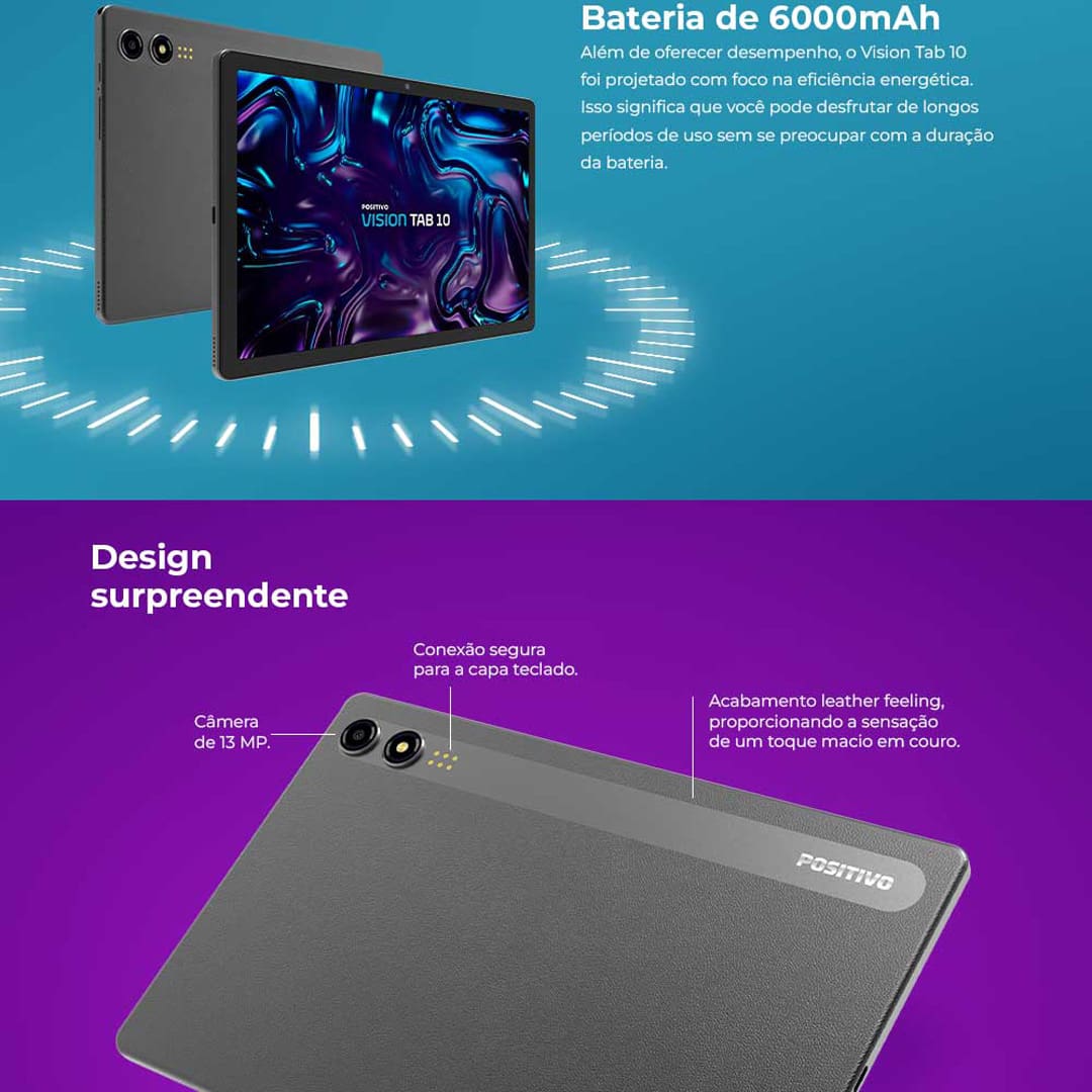 Tablet Positivo Vision10 com Tela 10.1" 128GB, WiFi e 4GB RAM, Câmera Frontal 5MP, Câmera Traseira 8MP, Android 13 e Processador Octa-Core - Preto