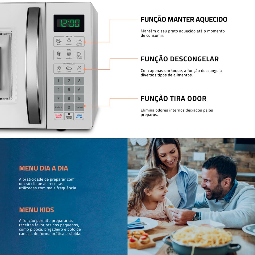 Inovação e Amplo Espaço para Toda a Família O micro-ondas MO-02-34-W Mondial traz elegância e inovação para a sua cozinha. Com capacidade de 34 litros e amplo espaço interno, atende toda a família! E ainda possui funções práticas, como botão +30 segundos e tira odor. Alta Potência para Aquecer, Preparar e Descongelar O sistema de alta potência, variando de 1 a 10, assegura rapidez no preparo e descongelamento dos alimentos. Além disso, possui uma função que mantém as refeições aquecidas e possibilita o preparo de pratos, como carnes e bolos.