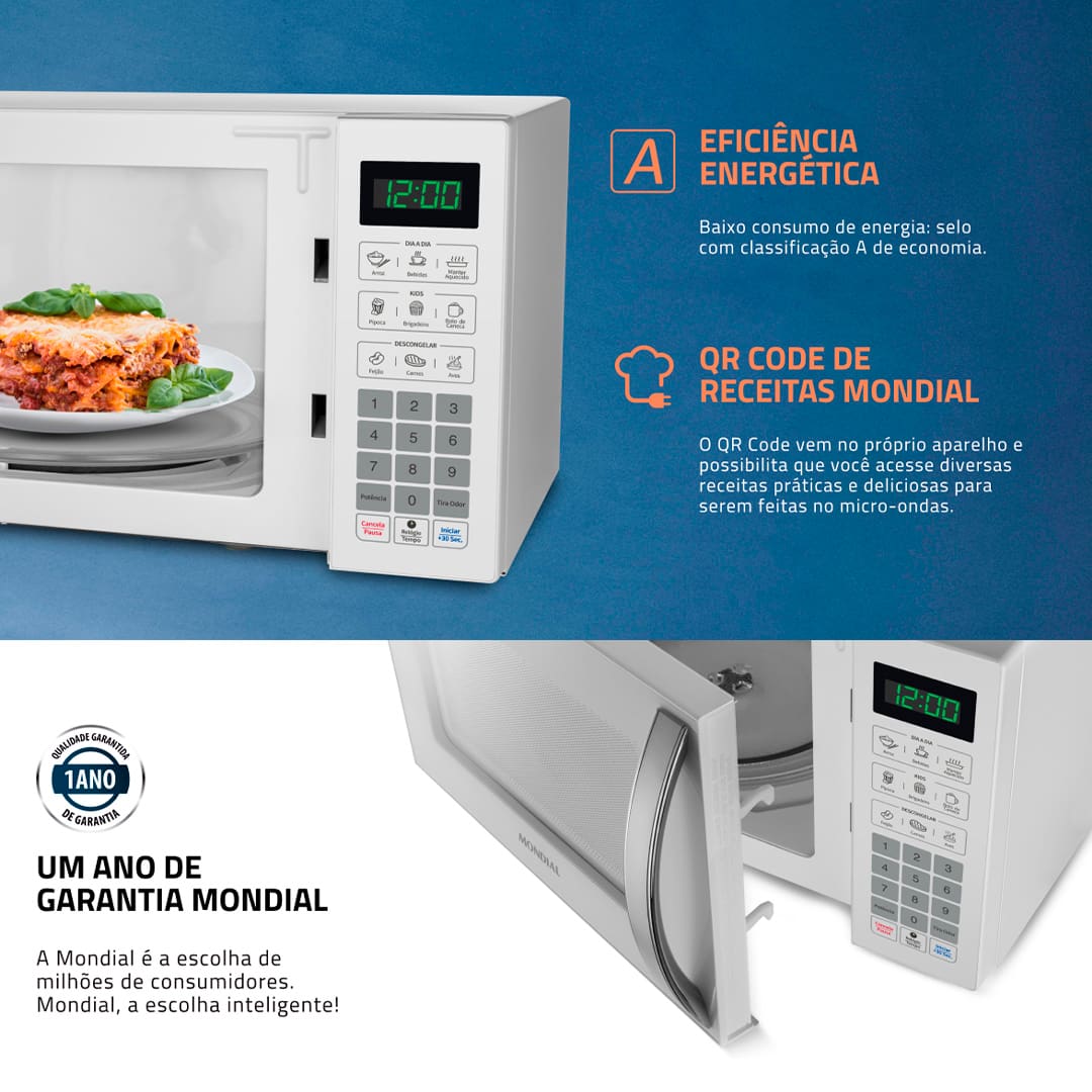 Inovação e Amplo Espaço para Toda a Família O micro-ondas MO-02-34-W Mondial traz elegância e inovação para a sua cozinha. Com capacidade de 34 litros e amplo espaço interno, atende toda a família! E ainda possui funções práticas, como botão +30 segundos e tira odor. Alta Potência para Aquecer, Preparar e Descongelar O sistema de alta potência, variando de 1 a 10, assegura rapidez no preparo e descongelamento dos alimentos. Além disso, possui uma função que mantém as refeições aquecidas e possibilita o preparo de pratos, como carnes e bolos.