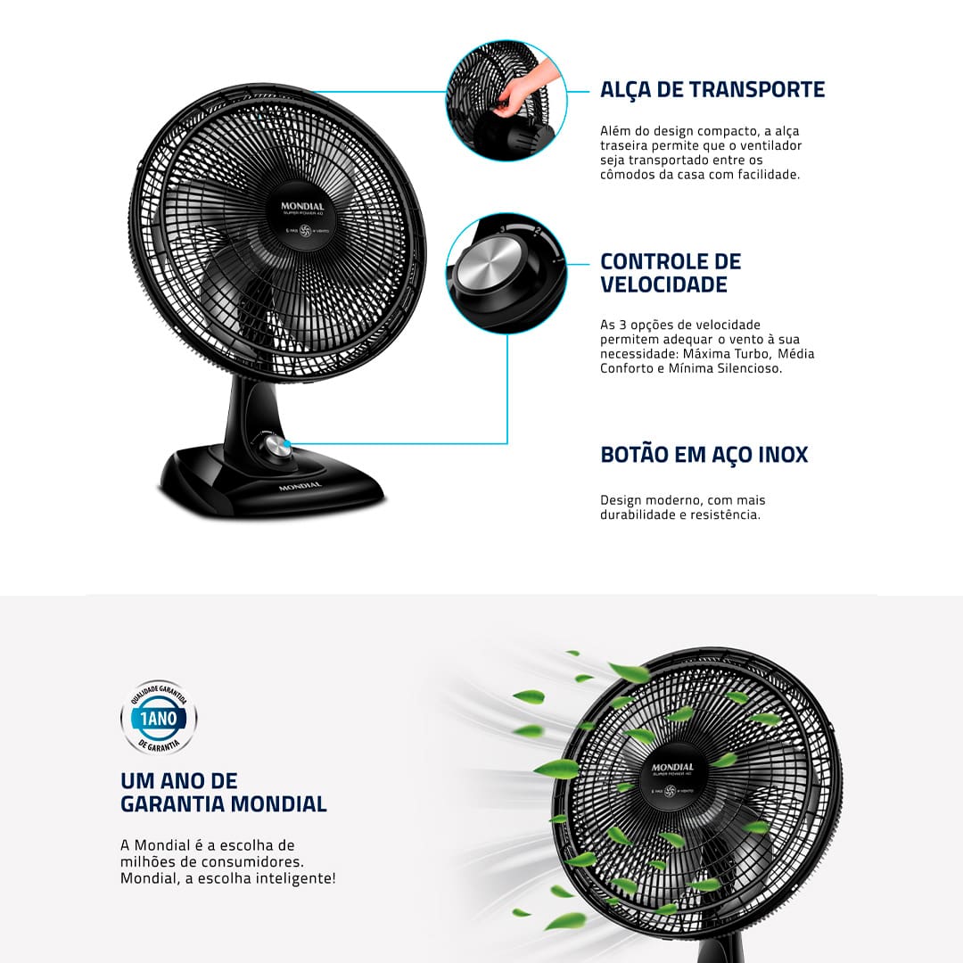 Com o Ventilador Mondial Super Power VSP-40B, os dias de verão não serão mais os mesmos! Ele irá agradar e refrescar esses momentos, dispondo de 6 pás com 40 centímetros de diâmetro, que possibilitam uma grande vazão de ar, com muito mais vento e tranquilidade.