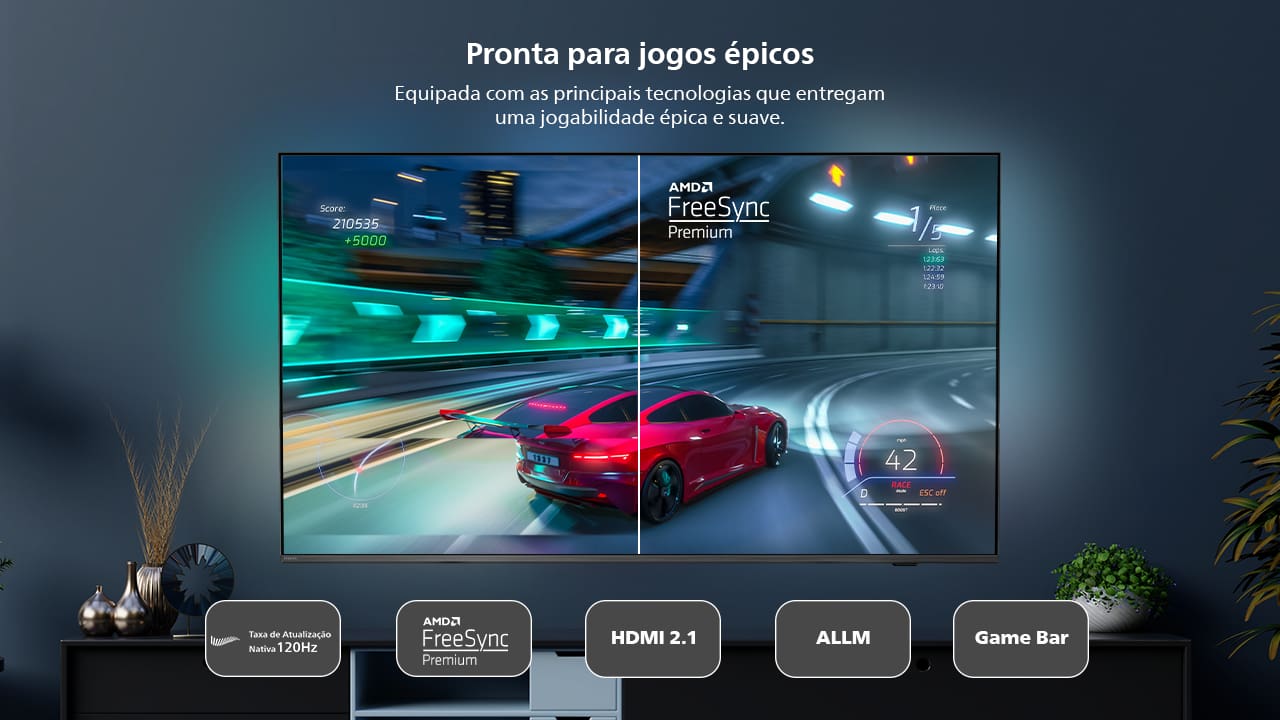 Experiência 4K com Google TV A Smart TV Philips THE ONE 65PUG8808/78 eleva sua experiência de entretenimento com uma tela de 65 polegadas e resolução 4K. Alimentada pelo sistema Google TV, você tem acesso a milhares de aplicativos, filmes e séries. Personalize sua tela inicial para encontrar rapidamente seus conteúdos favoritos e mergulhe no mundo do entretenimento de forma fluida e intuitiva.  