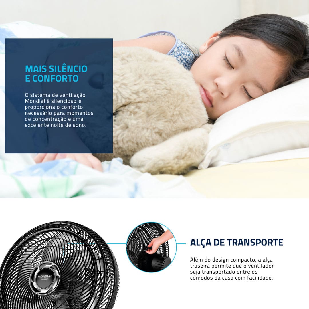 O Ventilador Mondial Turbo VT-40-NB é vento mais forte. Ele tem baixo nível de ruído, sistema oscilante lateral, inclinação vertical regulável, além ser compacto e ter baixo consumo. Sua hélice tem design aerodinâmico, o que proporciona um vento forte. Para ambientes mais amplos, você pode usar seu sistema oscilante. A inclinação vertical regulável direciona o fluxo de ar para cima ou para baixo. A grade frontal é removível e fácil de montar e desmontar para limpar. Possui alça para transporte e base antiderrapante para mais segurança.