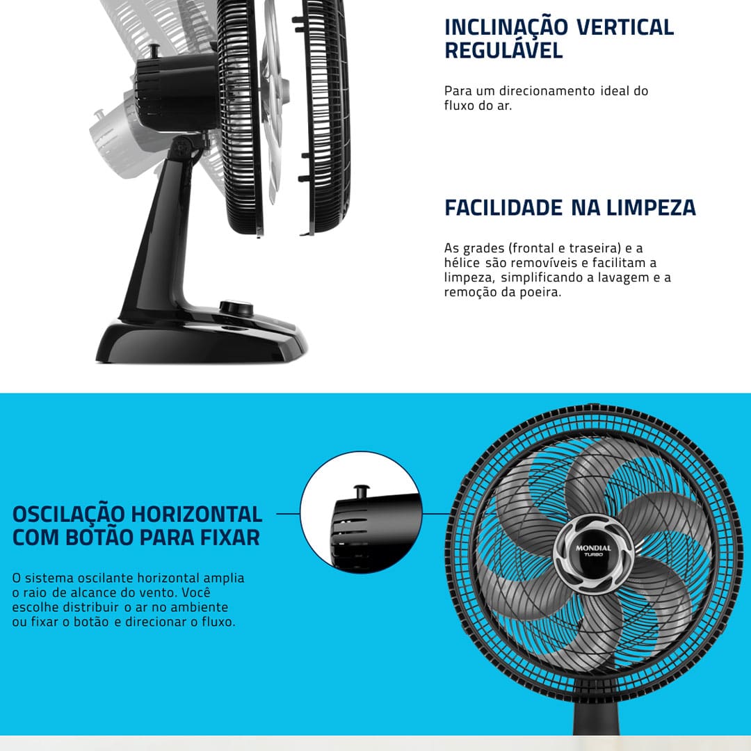 O Ventilador Mondial Turbo VT-40-NB é vento mais forte. Ele tem baixo nível de ruído, sistema oscilante lateral, inclinação vertical regulável, além ser compacto e ter baixo consumo. Sua hélice tem design aerodinâmico, o que proporciona um vento forte. Para ambientes mais amplos, você pode usar seu sistema oscilante. A inclinação vertical regulável direciona o fluxo de ar para cima ou para baixo. A grade frontal é removível e fácil de montar e desmontar para limpar. Possui alça para transporte e base antiderrapante para mais segurança.