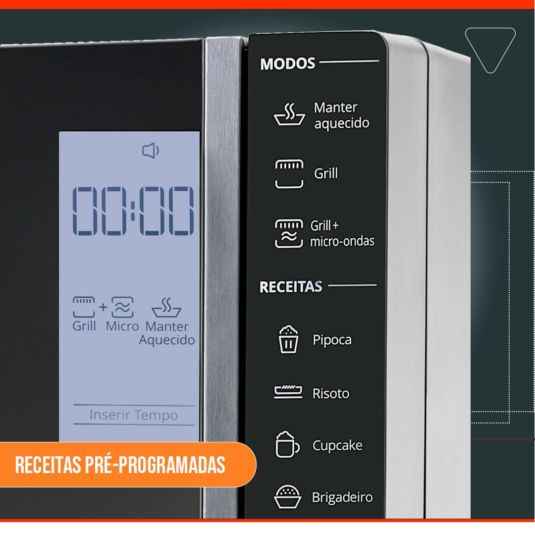 Receitas pré programadas imagem frontal frente Micro-ondas Brastemp porta painel funções modos receitas grill micro manter aquecido inserir tempo