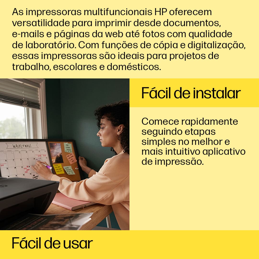 Versatilidade e eficiência A Multifuncional Jato de Tinta HP DeskJet Ink Advantage 2874 é a escolha perfeita para quem busca praticidade e desempenho em uma única impressora. Com funções de impressão, cópia e digitalização, ela atende todas as necessidades de projetos de trabalho, escolares e domésticos. Seja para imprimir documentos, e-mails, páginas da web ou fotos com qualidade de laboratório, essa impressora oferece resultados excepcionais em preto e branco ou colorido.