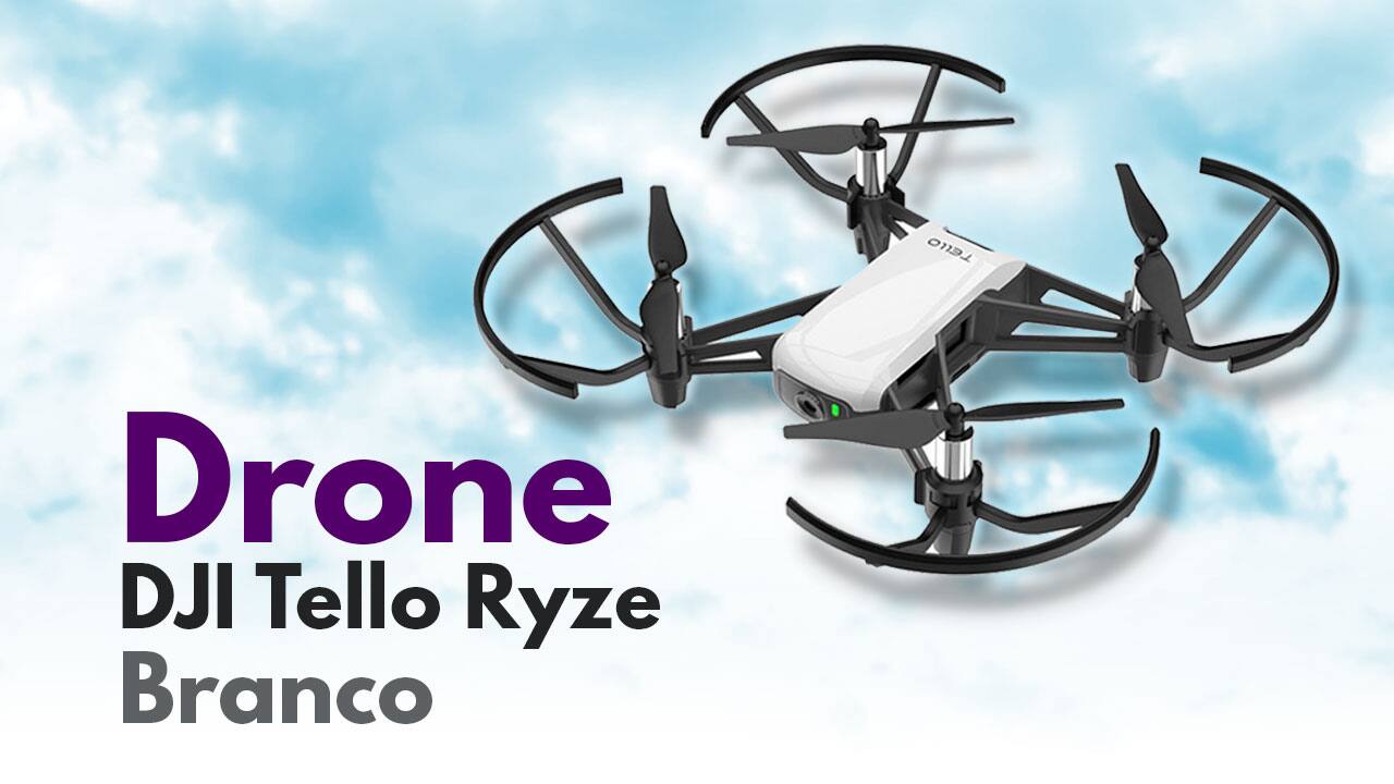 Drone DJI Tello Ryze Branco no alto fundo céu azul nuvens brancas